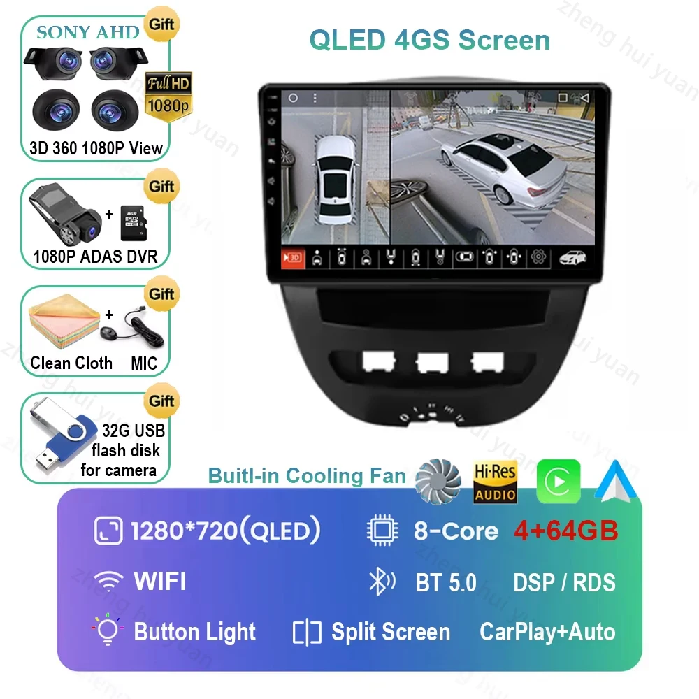 Voor Peugeot 107 Toyota Aygo Citroen C1 2005-2014 Android 16 Carplay & Auto Autoradio Navigatie Multimedia Stereo Speler BT QLED