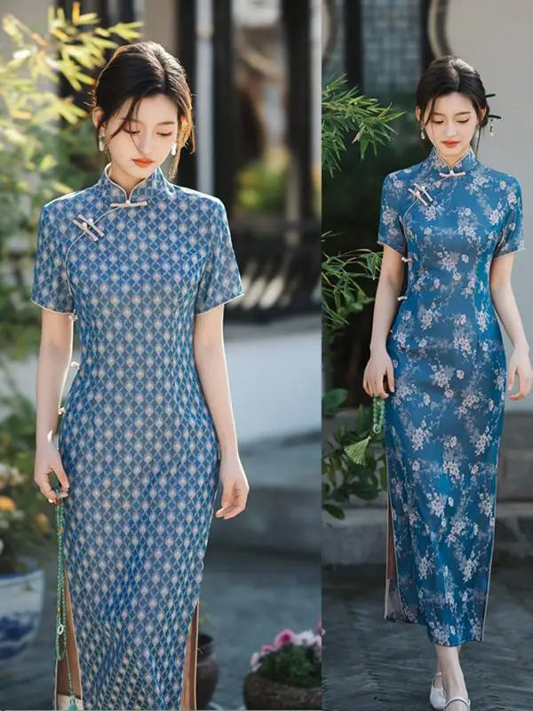 

Новинка 2025: Синее длинное платье с высоким разрезом, в винтажном стиле, с бисером, для повседневной носки