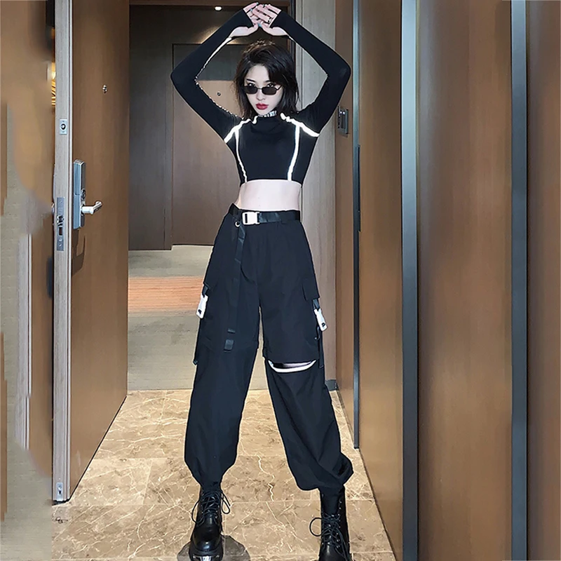 2021 Hip Hop Clothing Jazz Dance Costume For Women High Waist Reflective T Shirt Buckle Strap Cargo Pants Rave Clothes XS3030