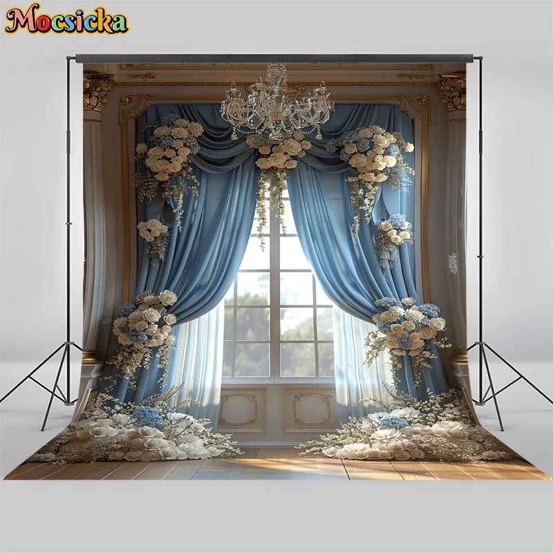 Винтажный интерьерный фон для фотосъемки с голубыми занавесками цветами для свадьбы дня рождения для беременных фотостудий