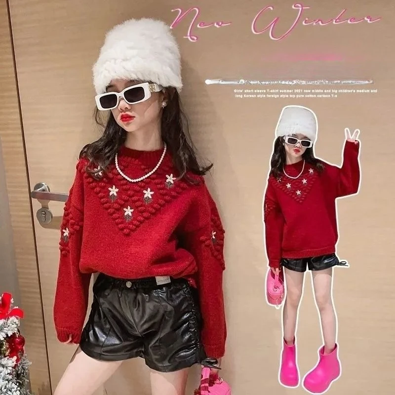 

Girls Sweater Thickened Autumn and Winter Fashionable and Good-looking Children's Knitted Sweater Girls Top Sweet and Cute 6T
