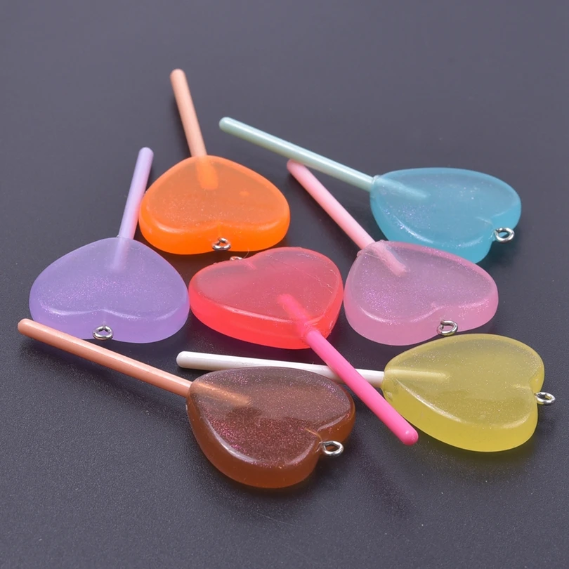 30/50/100pcs New Heart Lollipop Charms Colorful Resin Pendant For Jewelry Making Diy Earring Keychain Handmade Craft Accessories