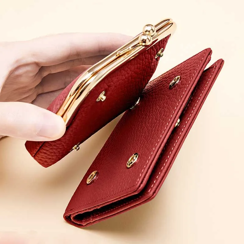 Women Genuine Cowhide Short Wallet Detachable Mini Coin Purse Multi Card Holder Driver License ID Card Integrated Leather Purse