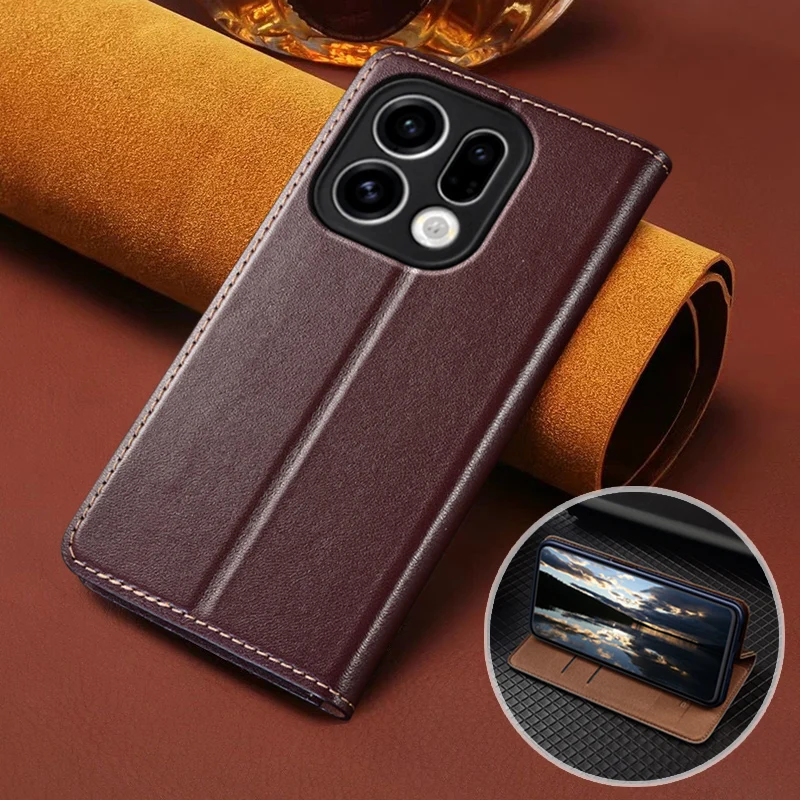 

For OPPO Find X9 Pro X9Pro 5G Flip Case Napa Texture Magnetic Cover Luxury Cowhide Genuine Leather Card Pocket Wallet Cases