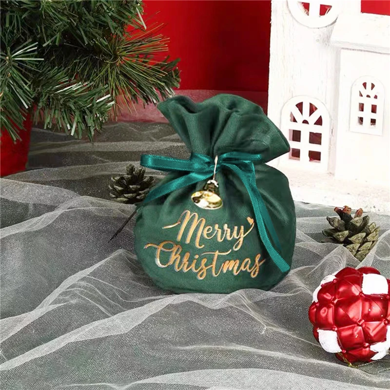 Printed Candy Storage Bag Merry Christmas With Cord Bow Bells Velvet Gift Packaging Handbag Christmas New Year Party Decor