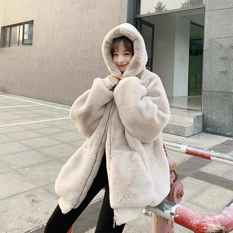 Winter Casual Solid Color Warm Overcoat Women Fashion Zipper Hooded Faux Rabbit Fur Jacket Woman Lazy Style Loose Faux Fur Coats