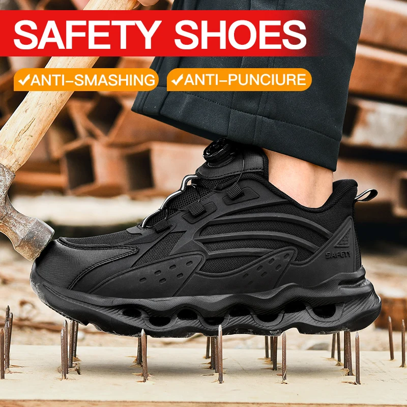2025 Men's rotating button new safety shoes anti-smashing anti-skid men's work shoes sports shoes men's safety protection boots