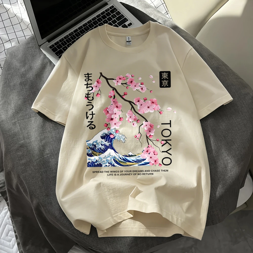 Tokyo Cherry Blossom Wave Prints T-Shirts Damen-T-Shirts aus Baumwolle, Sommer, kurzärmelig, O-Ausschnitt, übergroße Oberteile, weiche Streetwear-Kleidung