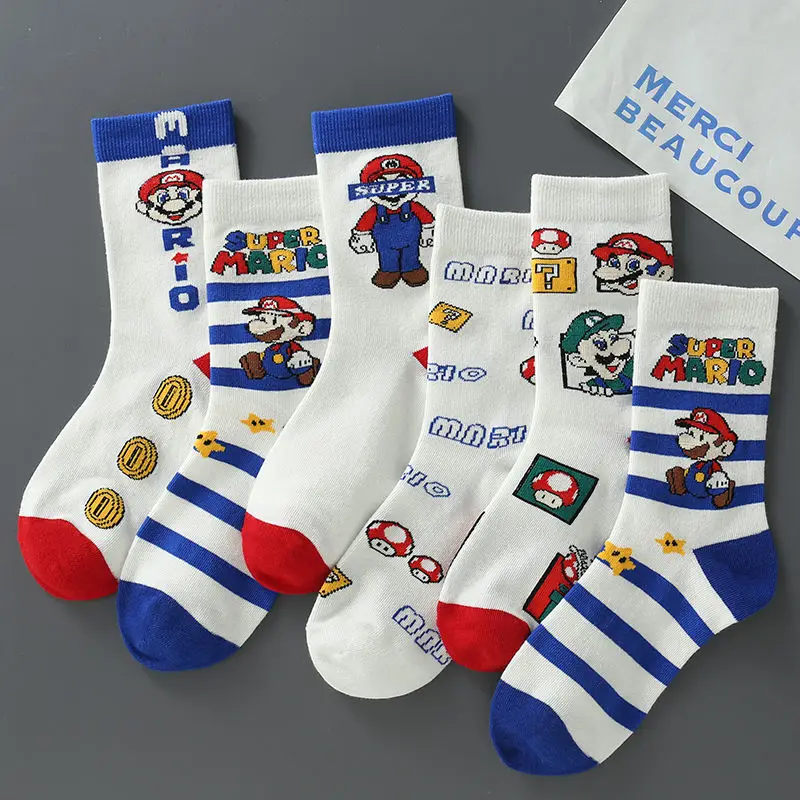 

5Pairs Cartoon Mario Cotton Socks Sanrio Girls Breathable Cartoon Cute Women's Long Tube Sock Combed Cotton Women's Socks