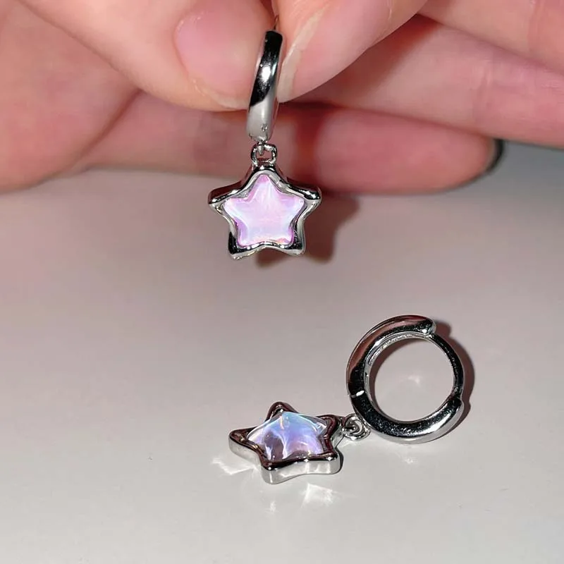 Kpop Y2K Pink Moonlight Stone Star Pendant Earrings