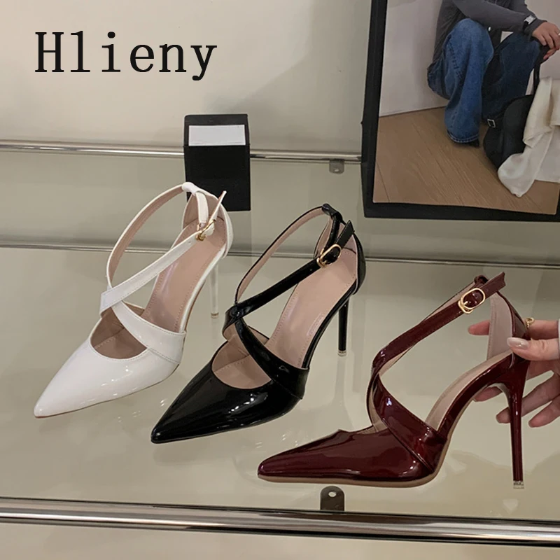 

Hlieny модные женские туфли-лодочки из лакированной кожи с острым носком, пикантные элегантные офисные туфли на высоком каблуке с пряжкой и узким ремешком на весну и лето