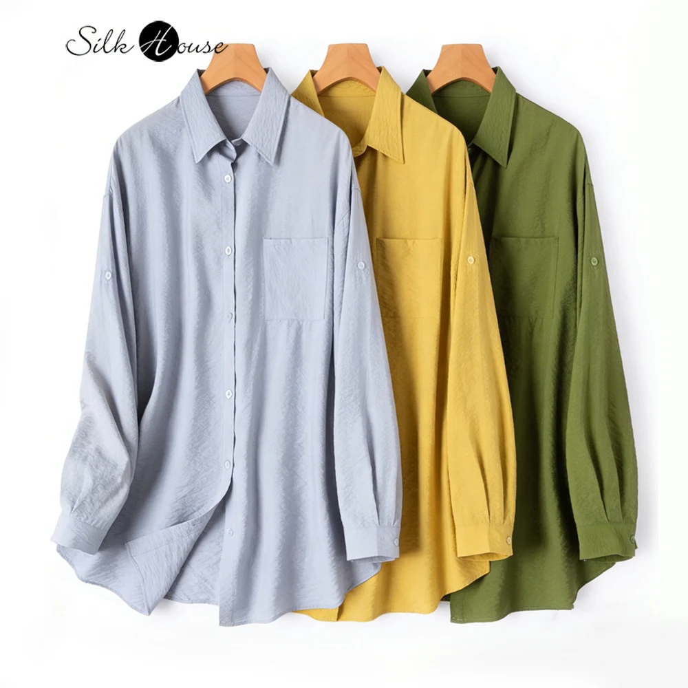 

2026 Women's Casual Spring New 76% Natural Mulberry Silk Dry Silk Lapel Shoulder Down Long Sleeve Loose Solid Extended Shirt