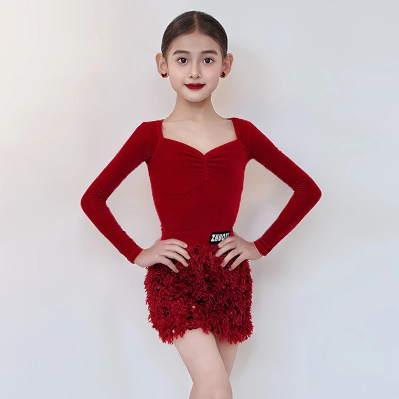 

Красное платье для латинских танцев, детский наряд для выступлений с длинными рукавами, юбка с блестками, сценический наряд для латинских танцев для девочек, тренировочная одежда 5012