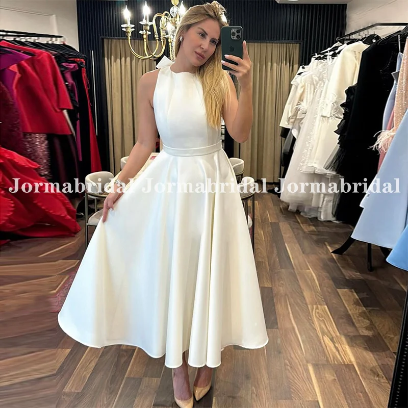 Sleeveless A-line Short Wedding Dress Cut-out Bow Back White Ivory Satin Bridal Gowns Tea Length Wedding Gown vestido de novia