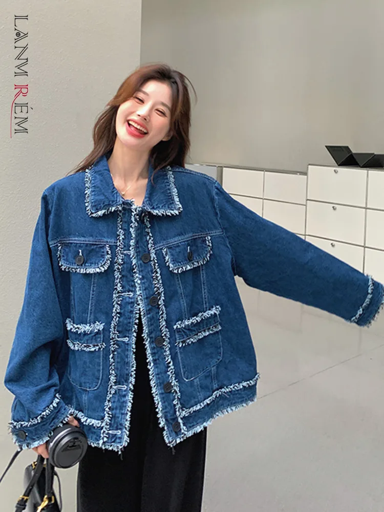 LANMREM Fashion Retro Denim Coat For Women Lapel Single Breatsed Raw Edge Personalized Jacket 2024 Autumn New Clothing 2Z2476