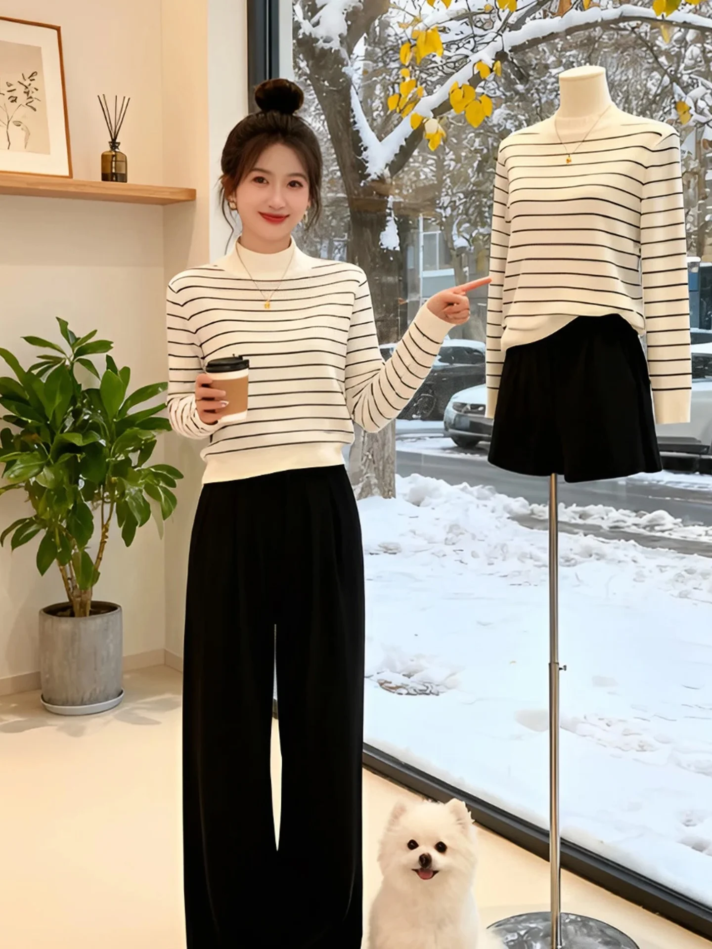 Macio e confortável longo sve listrado camere malhas coreano sle casual commute versátil feminino inverno topo