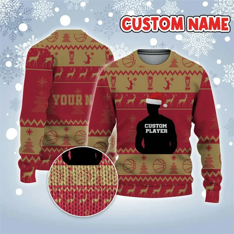 Custom Name Basketball Player Ugly Christmas Sweater Diy Picture Photo Mens 3D Printed Xmas Sweatshirt Casual Oversized Pullover