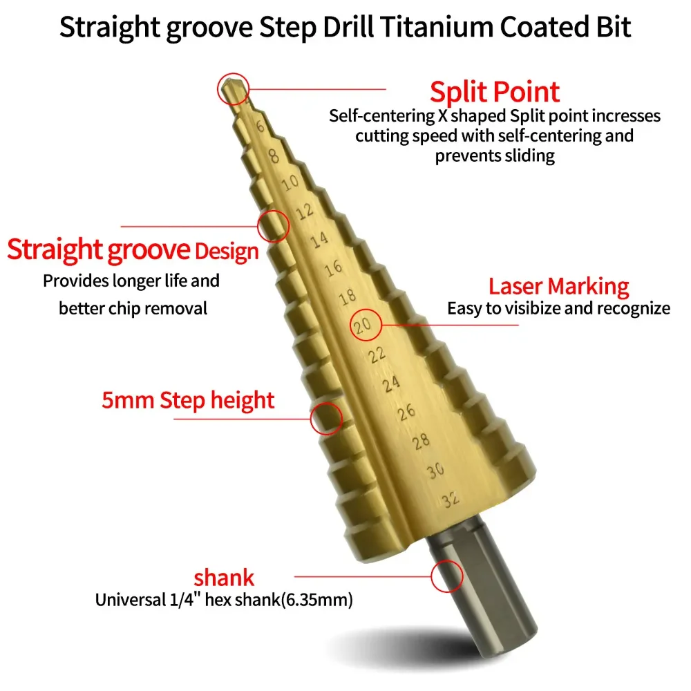 Broca de pagode revestida de titânio, broca de dente de serra, expansão de furo para carpintaria, conjunto de caixa de plástico com ranhura, perfuração de madeira, 6 peças