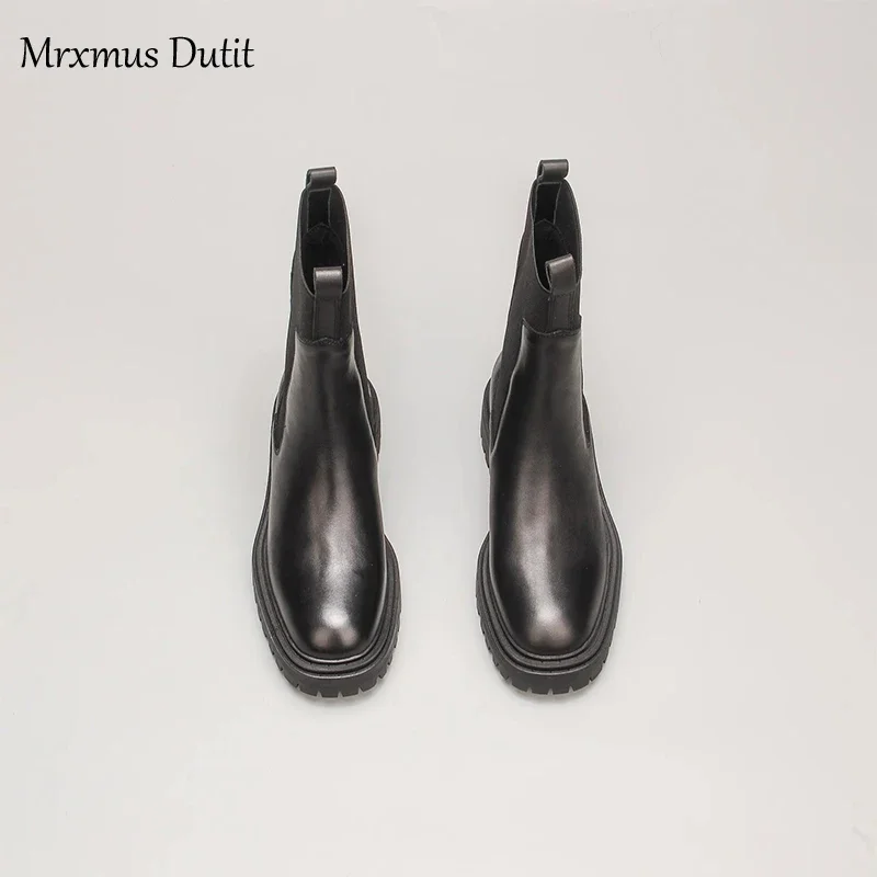 Mrxmus Dutit 2023 Autumn Winter New Fashion Women Genuine Leather Round Head Mid Heel Boots Simple Casual Shoes Female Chic