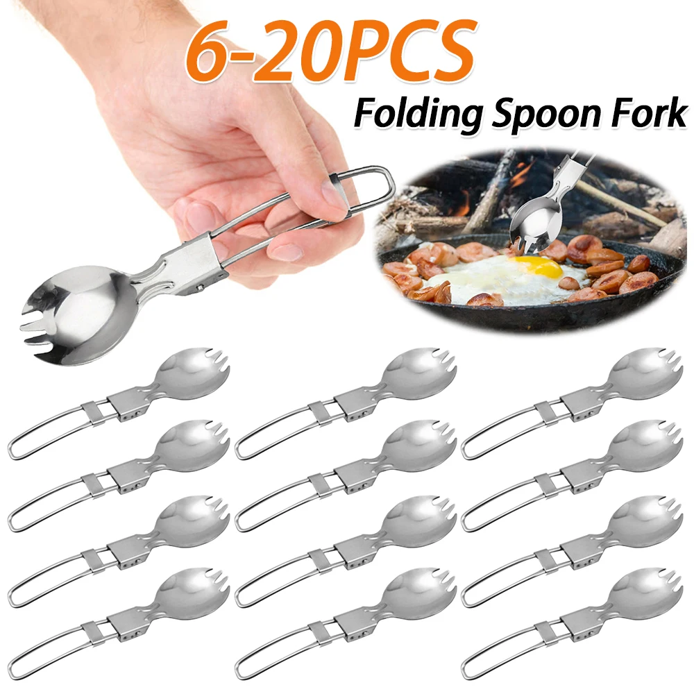

6-20PCS Stainless Steel Spoon and Fork All-in-one Reusable Folding Spork Fork and Spoon 2 in 1 Flatware for Camping Hiking