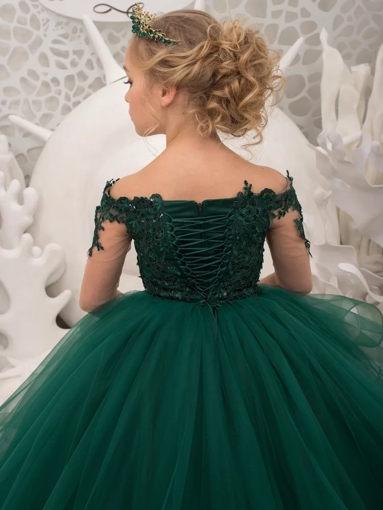 Customized Flower Girl Dresses Green Tulle Puffy Appliques Pattern Tiered Long Sleeve For Wedding Birthday Banquet Princess Gown