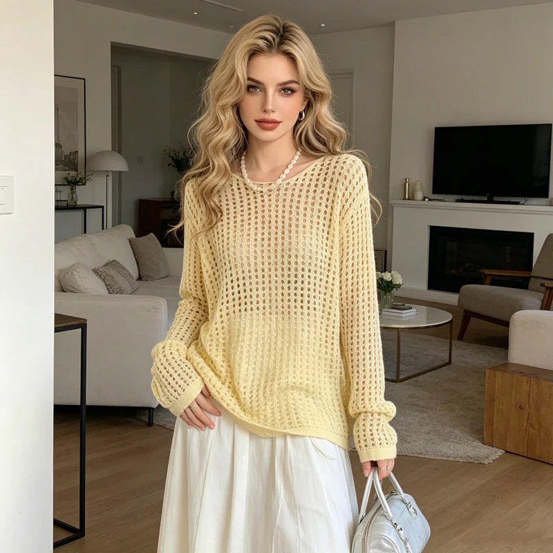 

Loose Hollow Out See Through Women Blouse 2026 Fashion Summer Shirt O-neck Long Sleeve Thin Tops Elegant Solid Color New Casual