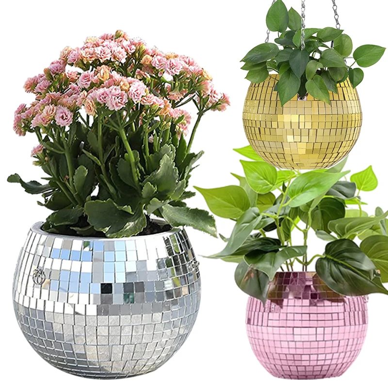 Disco ball planter Mirror reflective lighting KTV dj disco ball flowerpot Reflective flower pot with hanging chain holiday party