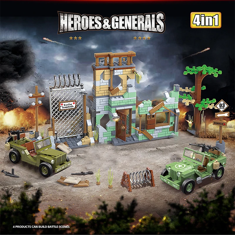 

Военное военное оружие MOC 4 в 1, военная сцена, джипы, домики, модель с фигурками, строительные блоки, сборка кирпича, игрушки, подарок для детей