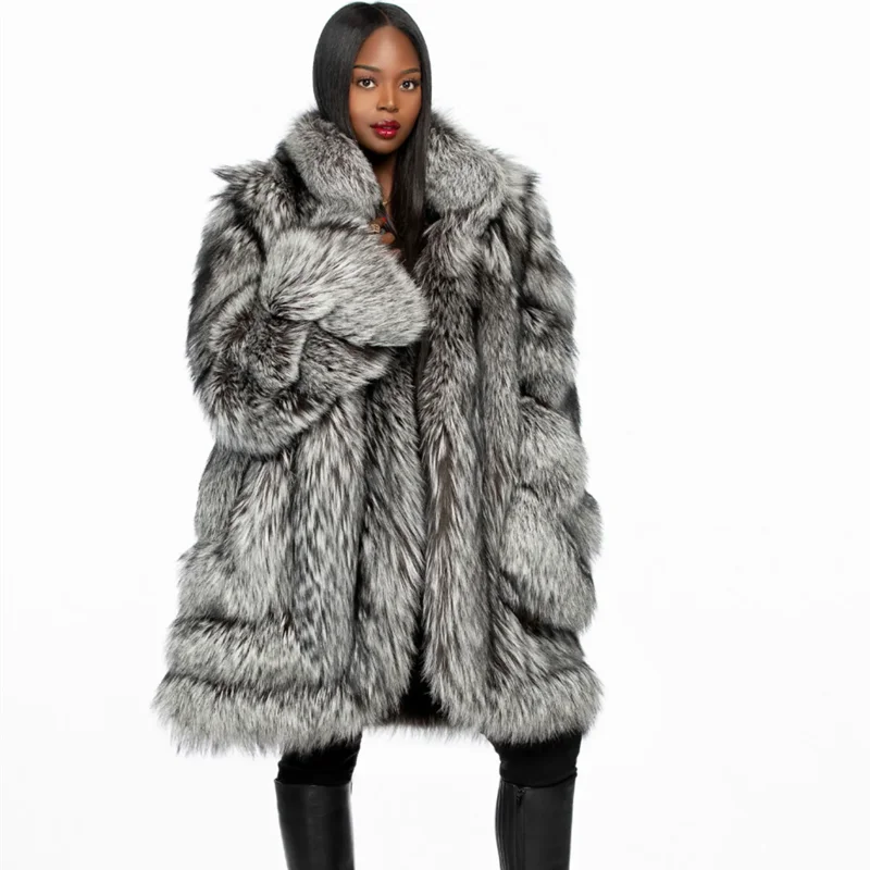 Women's Real Silver Fox Fur Coats Fashion Luxury Natural Fox Fur Thick Overcoat Winter Warm Lapel Genuine Fur Jacket Outwear