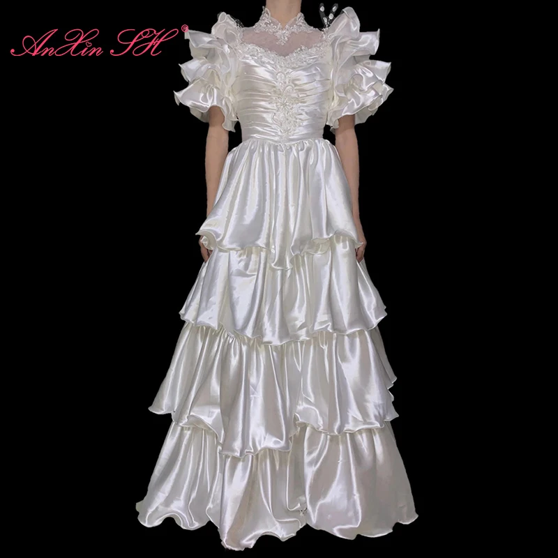 AnXin SH princess vintage white satin white flower lace ruffles puff sleeve beading pearls rose zipper customized wedding dress