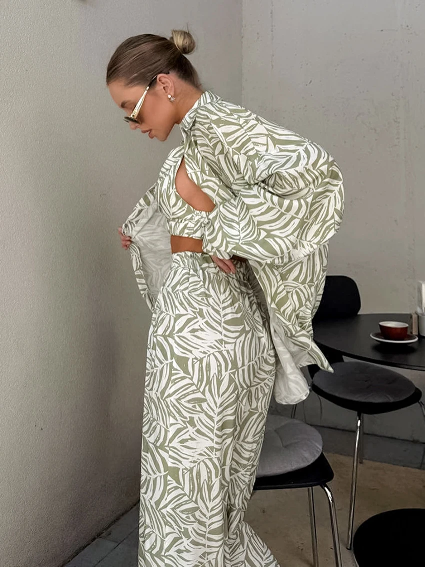 Marthaqiqi Printing Women Pajama Suit Long Sleeve Robe Turn-Down Collar Sleepwear Tank Top Nightwear Pants Nightgown 3 Piece Set