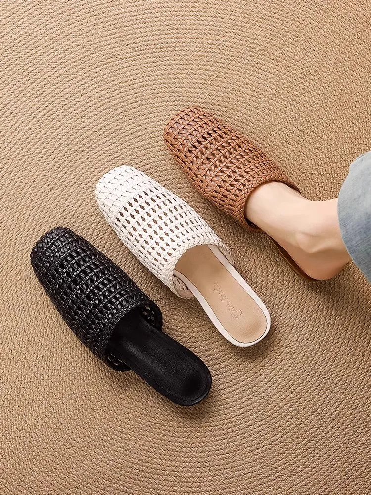 

Ретро-тапочки женские плетеные с вырезами, с квадратным носком, дышащие, летние, для улицы, сандалии без застежек