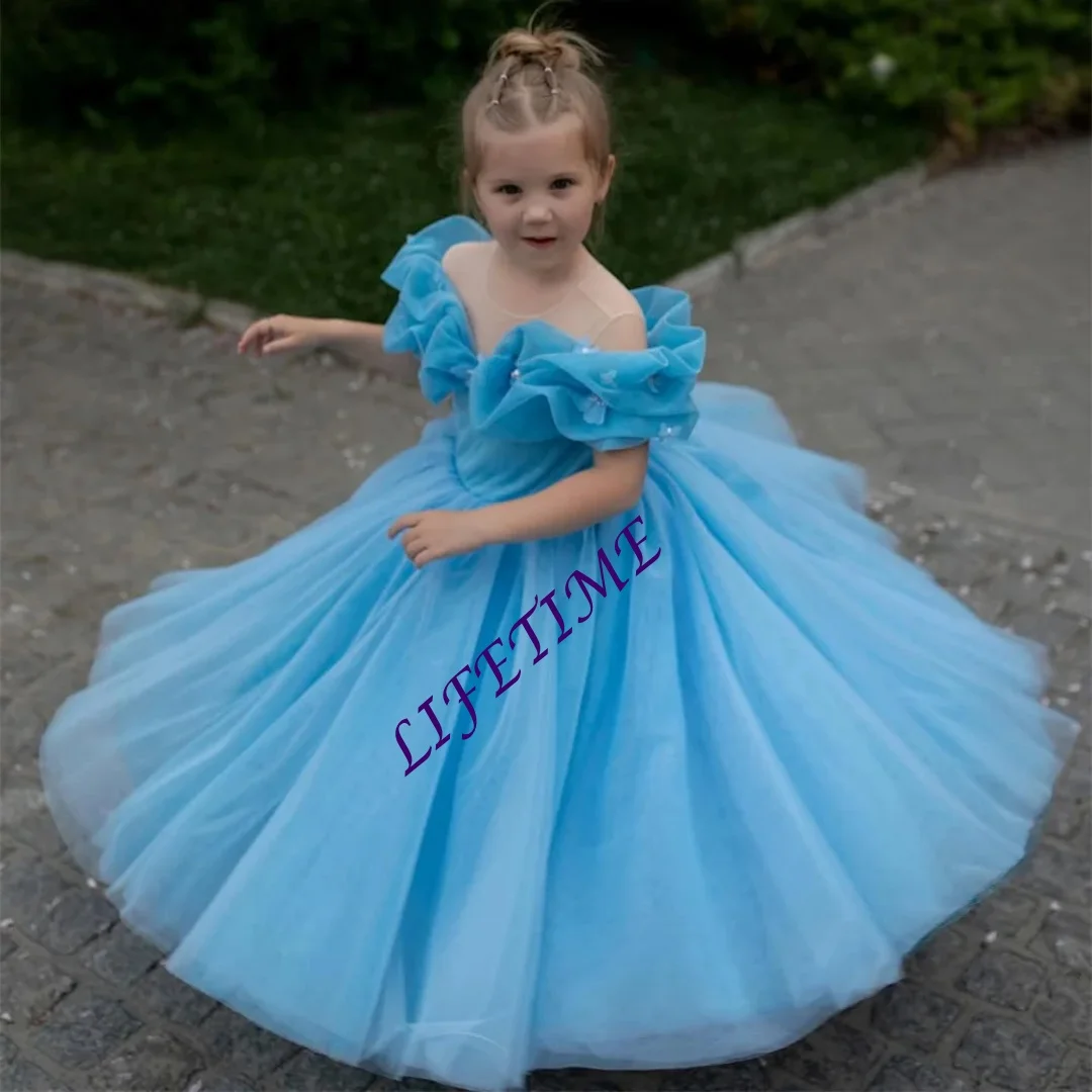 Abito da ragazza di fiore con pieghe principessa personalizzato, festa di nozze senza spalline, elegante abito da prima comunione formale con spalle scoperte personalizzato