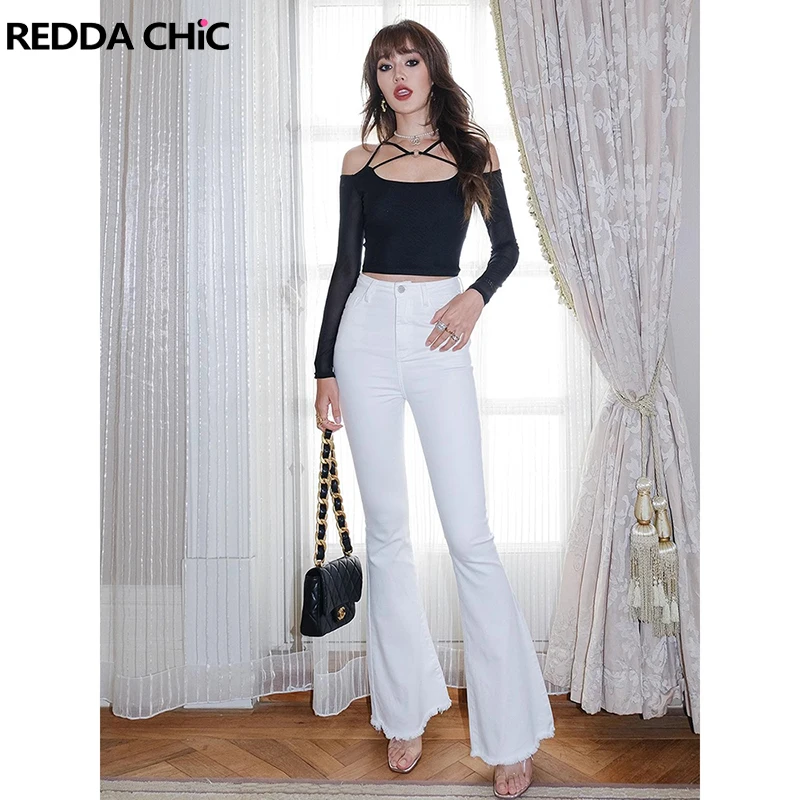 

REDDACHiC Casual Solid Raw Edge Flare Jeans Women Slim Fit High Waist Strecth White Bootcut Pants Bell Bottoms Korean Streetwear