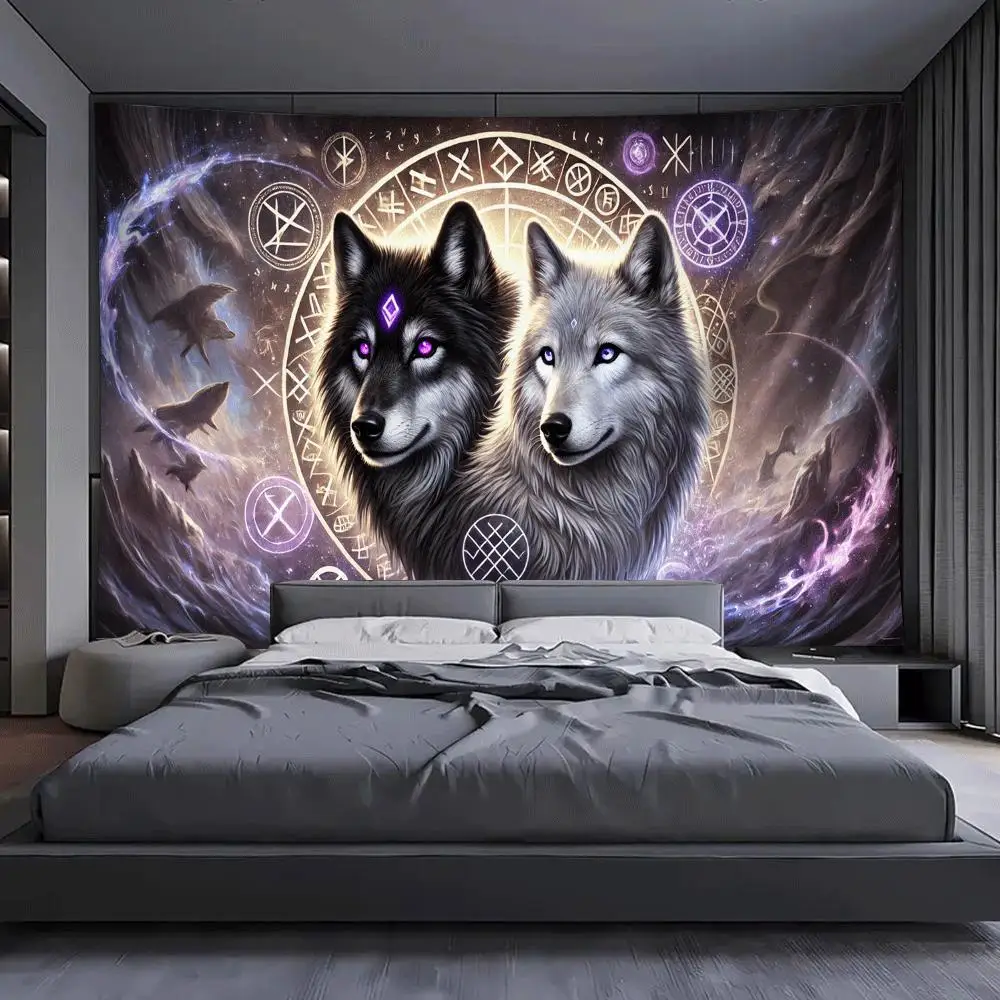 VIKAMA Mysterious Double Wolf Rune Starry Sky Tapestry Elf Purple Blue Wolf Eyes Fantasy Totem Living Room Decoration