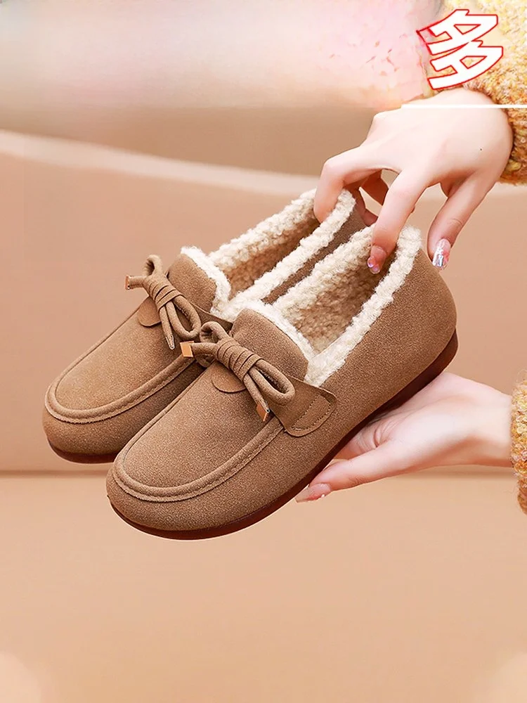 Women's Thickened Cotton Shoes Anti-slip Cow Tendon Bottom Winter Warm Fleece Lined Bean Bean Shoes Plush Shoes Korean Style ...