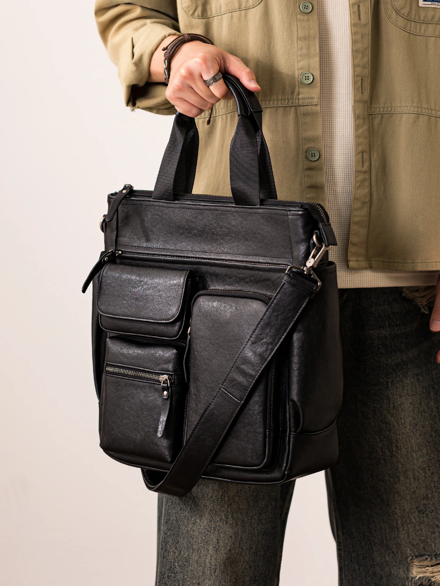 

Simple casual luxury first layer cowhid men's work black handbag daily commuting genuine leather multi-pocket shoulder bag