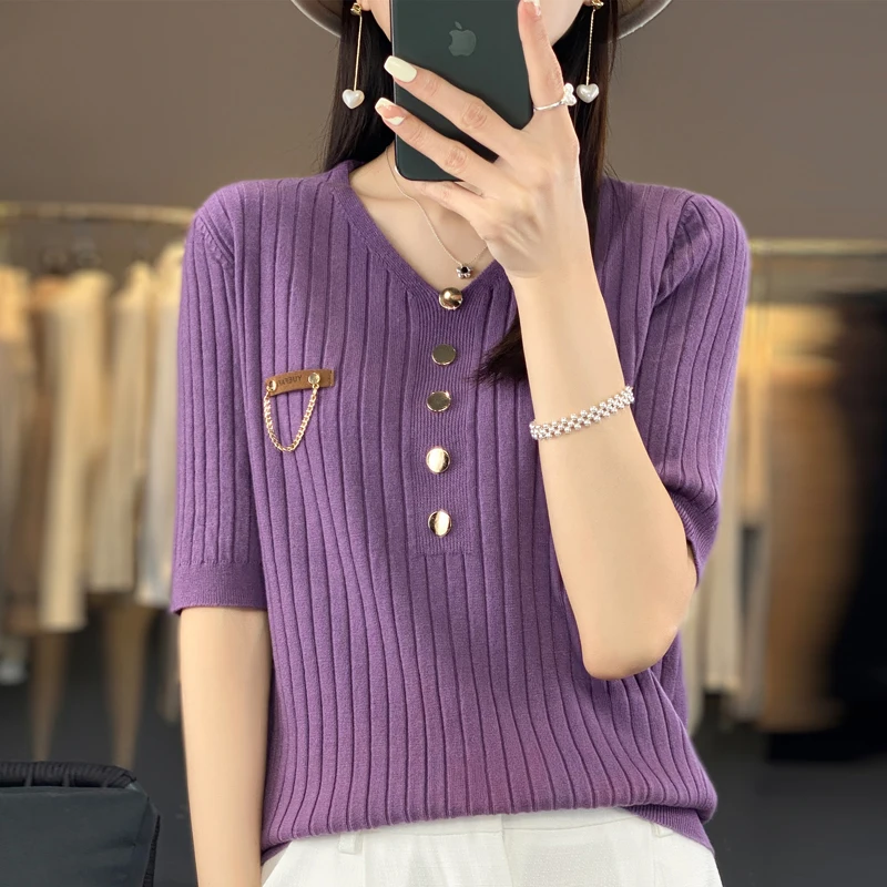 2023 Summer Women\'s V-Neck Cashmere Sweater Short Sleeve Cashmere Short Sleeve Sweater Pullover