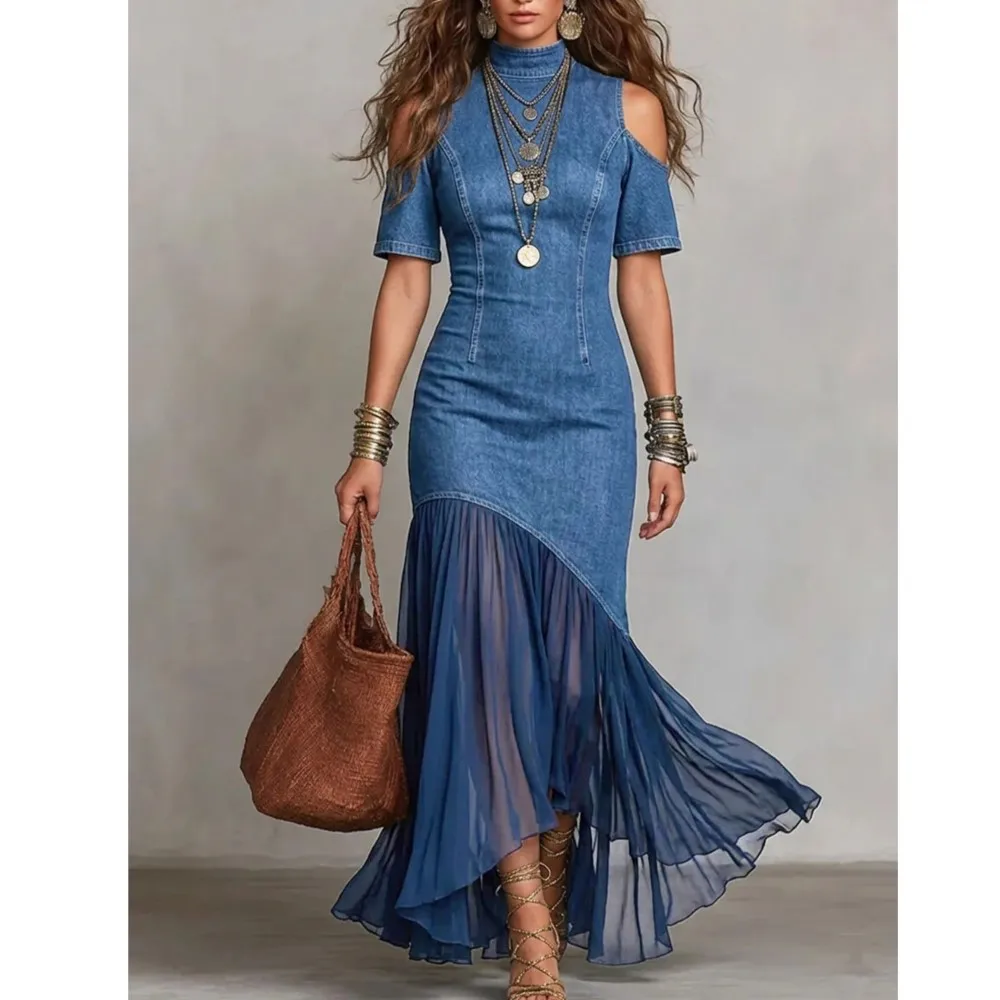 

Mesh Splicing Dress New Summer Women's Sexy Off-shoulder Short-sleeved Loose Solid Color High-neck Long Dress Ropa Mujer