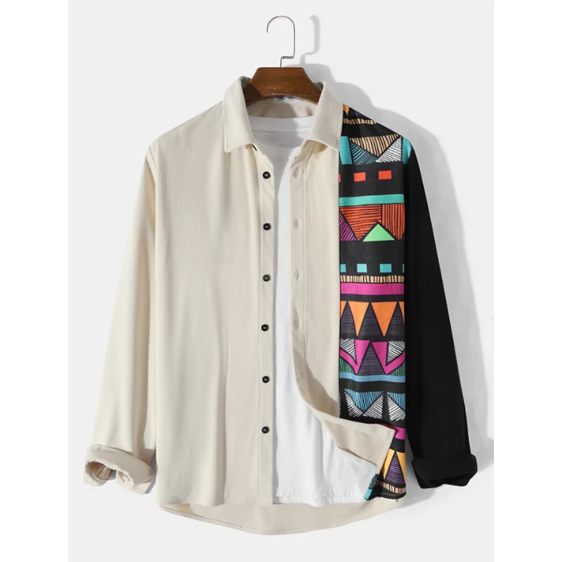 Vintage National Style Print Men\'s Shirts Casual Single-Breasted Blouses Long Sleeve Shirt Fashion Trend Lapel Tops Men Clothing