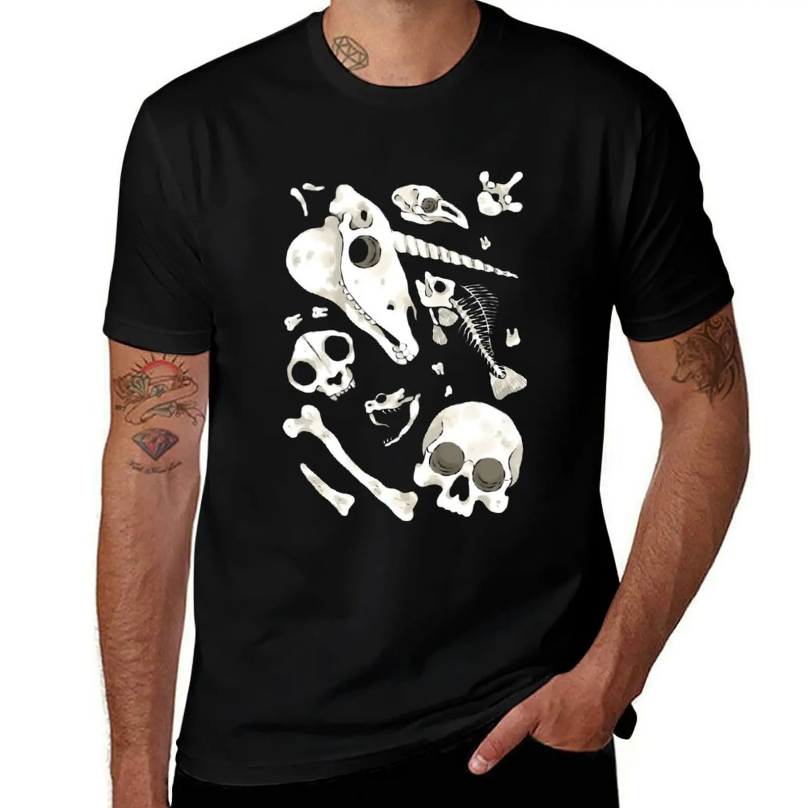 black Skulls and Bones - Wunderkammer T-Shirt Trendy Casual Short Sleeve Shirt T-Shirt