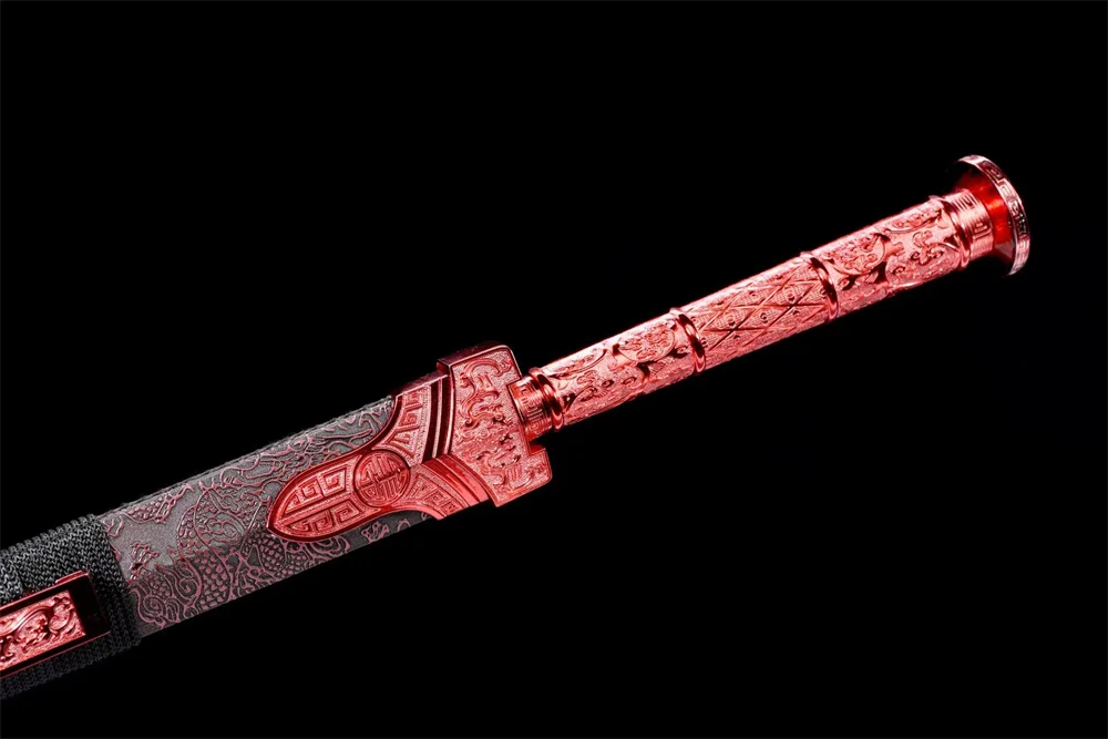 Beautiful Chinese Tradition Sword Kungfu Han-Jian Red High Manganese Steel Blade Leather Wrap Wood Sheath Full Tang - view 2