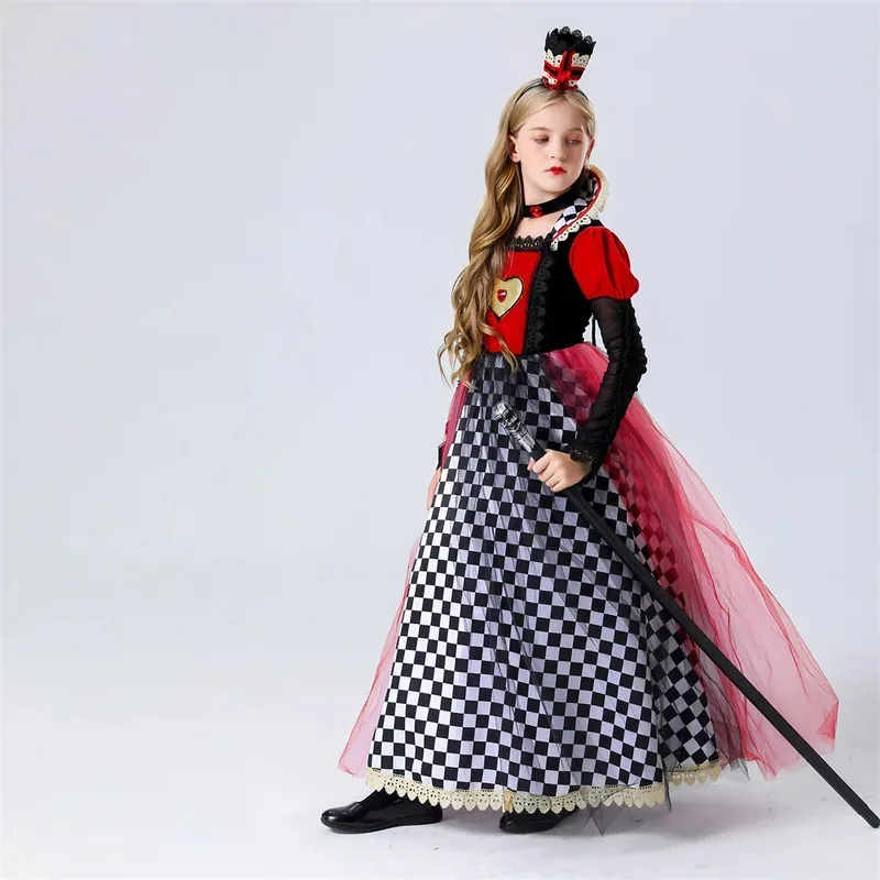 أزياء الهالوين أليس ريد كوين للأطفال البنات لحفلات أعياد الميلاد فستان الأميرة أنيمي القصيرة ملكة القلوب ملابس لعب الأدوار
