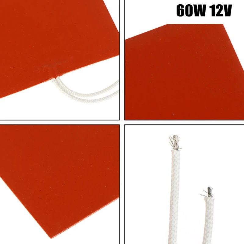 

60W 12V Silicone Heating Pad for 3D Printer Square Rubber Heat Mat Flexible Waterproof Bed Plate for Crafting And Modeling