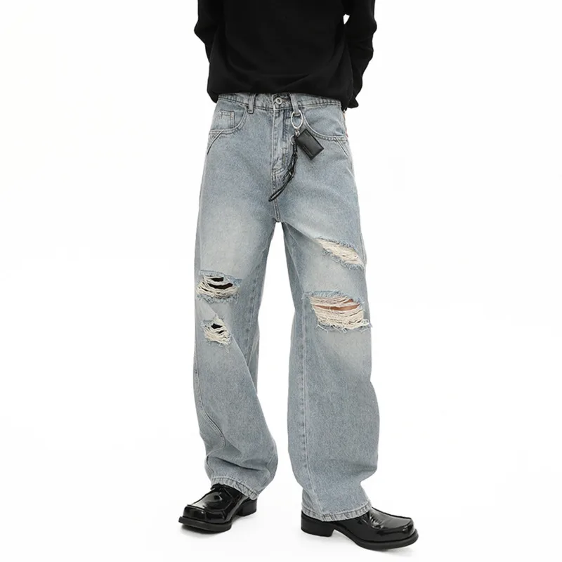

SYUHGFA 2025 Autumn Niche Design Men's Denim Pants Washing Holes Worn-out Drape Mopping Trousers Straight Wide Leg Male Jeans