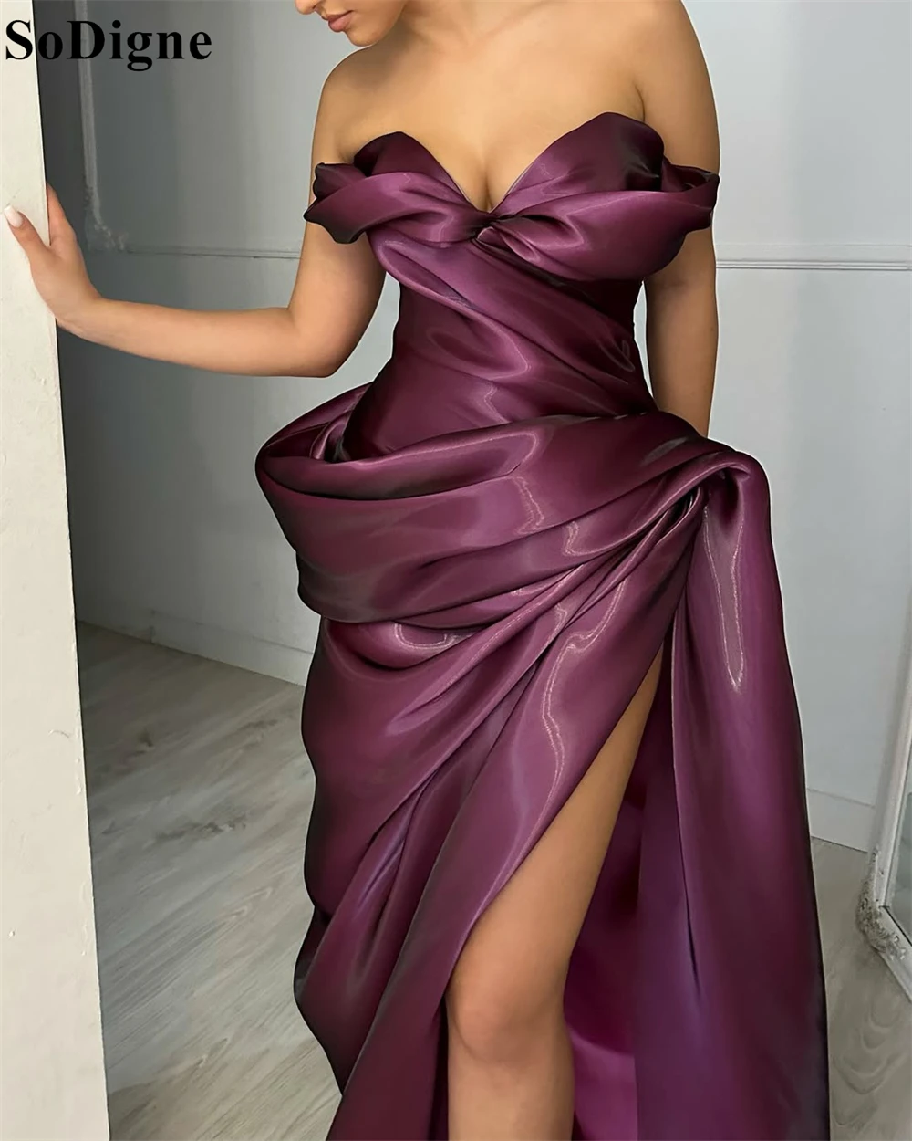 SoDigne Sexy Purple Evening Dresses Mermaid Strapless High Split Ruffles Draped Party Dress Sleeveless 2025 Prom Gown Customized