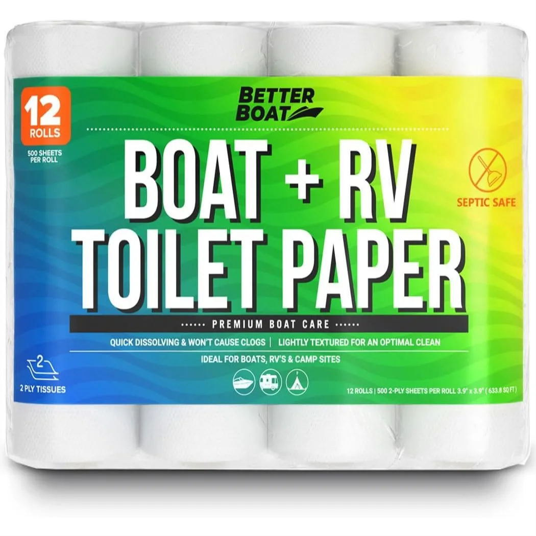 

Rapid Dissolving RV Toilet Paper 12 Rolls 500 Sheets Each 2-Ply Septic Safe for Camper Marine Individually Wrapped Camping