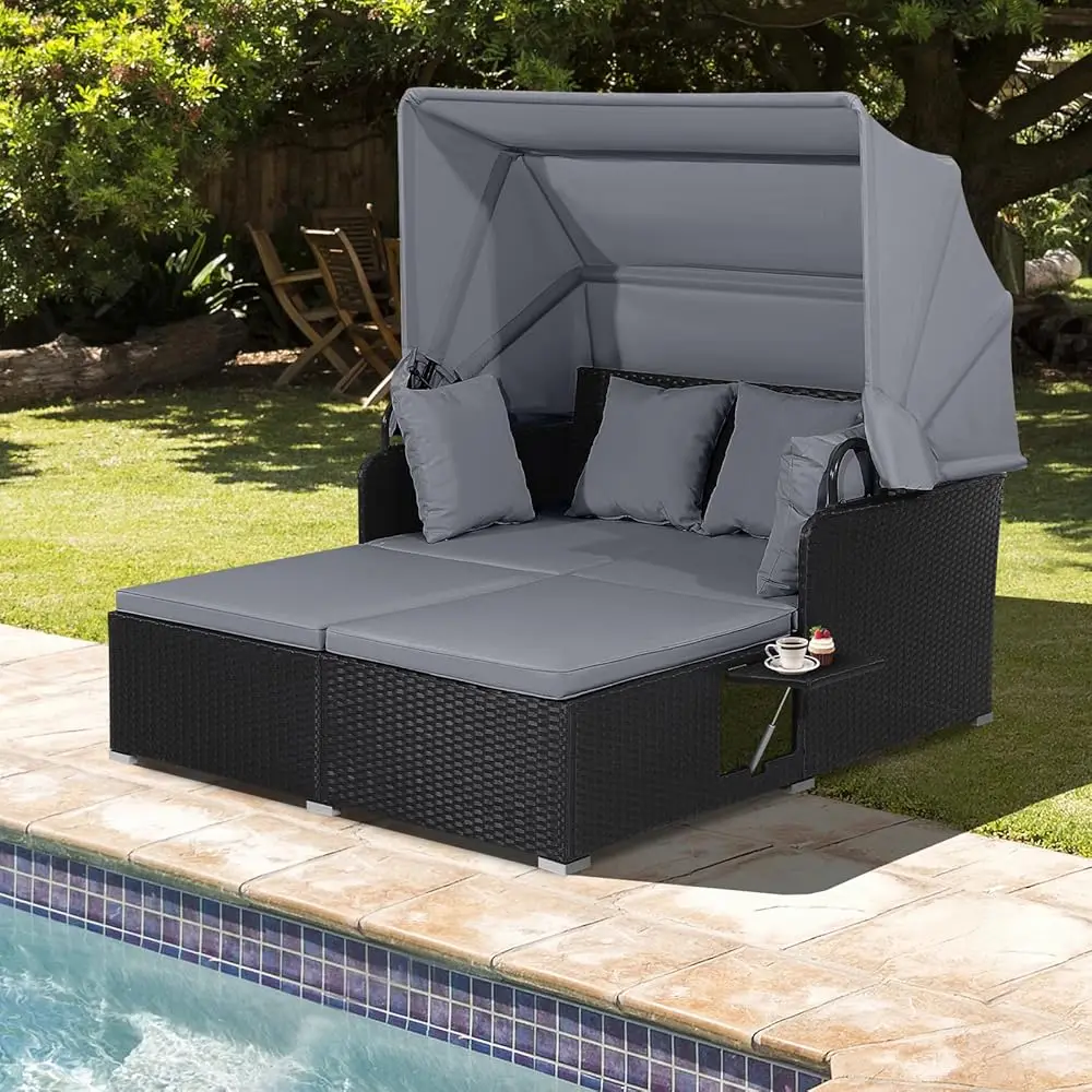 Sofá cama para exteriores, chaise lounge de mimbre para 2 personas con dosel retráctil, cojines y almohadas, 2 bandejas laterales, sofá doble para patio Pe