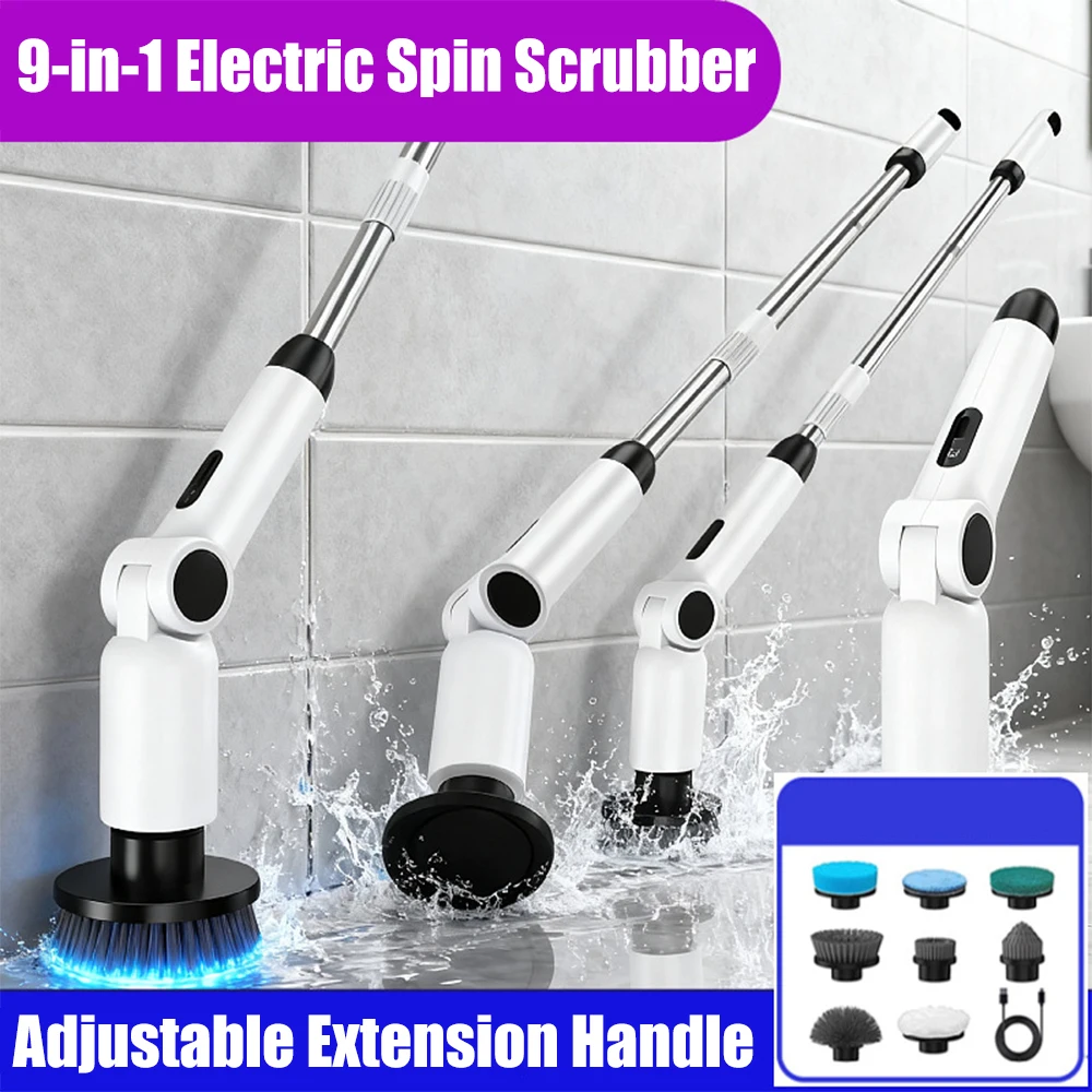 

NEW 9-in-1 Electric Spin Scrubber Wireless Cleaning Brush Waterproof Bathroom Scrubber Adjustable Extension Handle