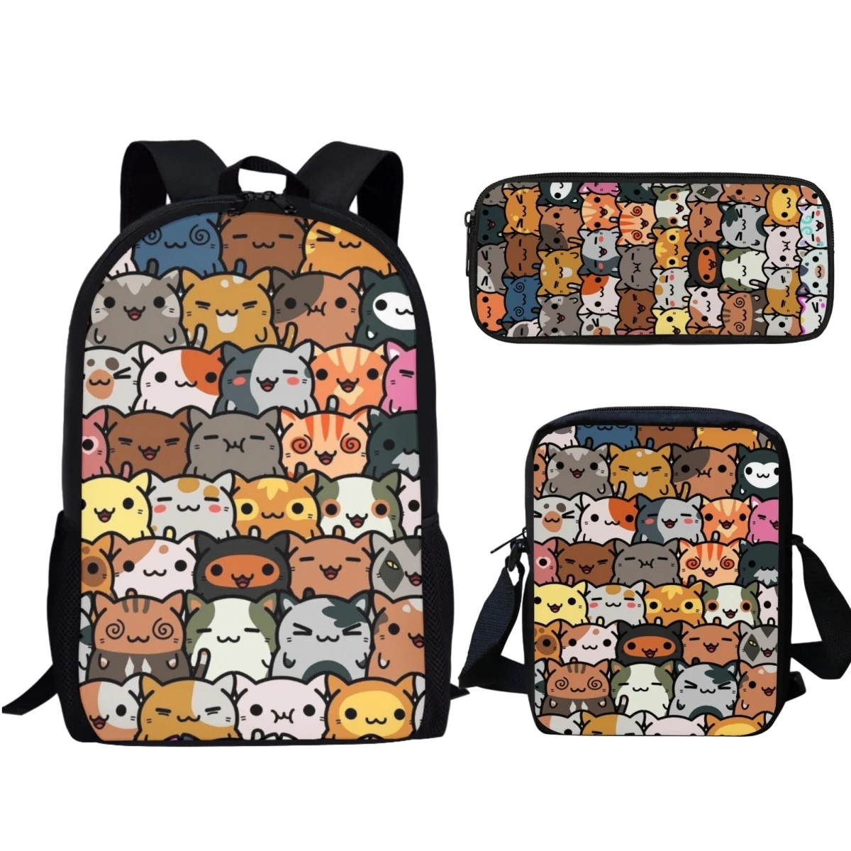 Lovely Cartoon Cats 3Pcs/Set School Bags for Teenager Girls Double Shoulder Kids Animal Backpack Women Men Bookbag Travel Bags